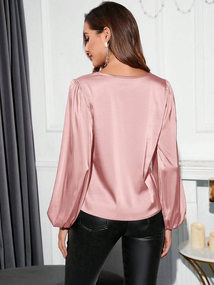 Pink Satin Contrast Sparkly V Neck Puff Sleeve Blouse Tops & Tees JT's Designer Fashion