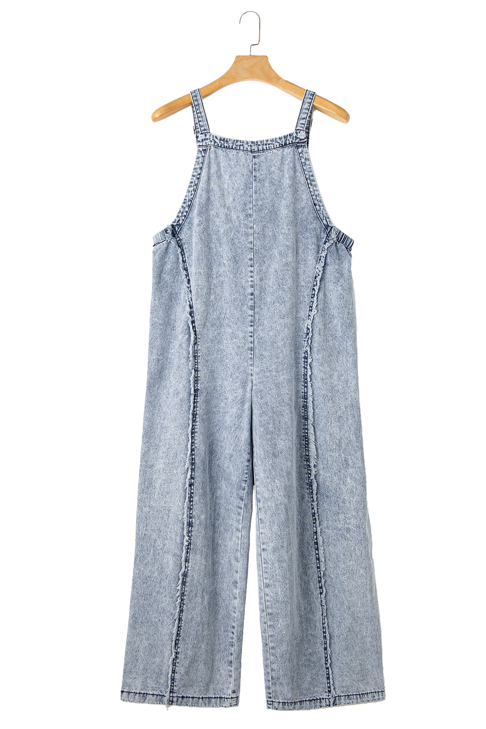 Beau Blue Light Wash Frayed Exposed Seam Wide Leg Denim Overall Jumpsuits & Rompers JT's Designer Fashion