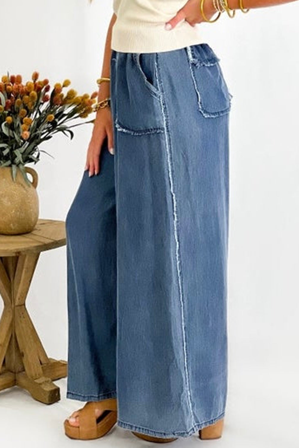 Sail Blue Washed Denim Chambray Loose Plus Size Pants Plus Size Bottoms JT's Designer Fashion