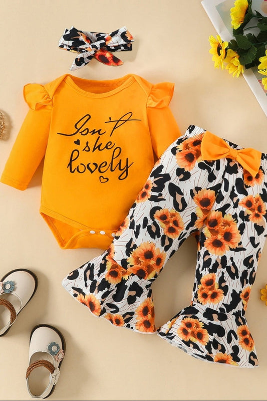 Letter Graphic Long Sleeve Bodysuit and Bow Leopard Pants Set Caramel Baby JT's Designer Fashion