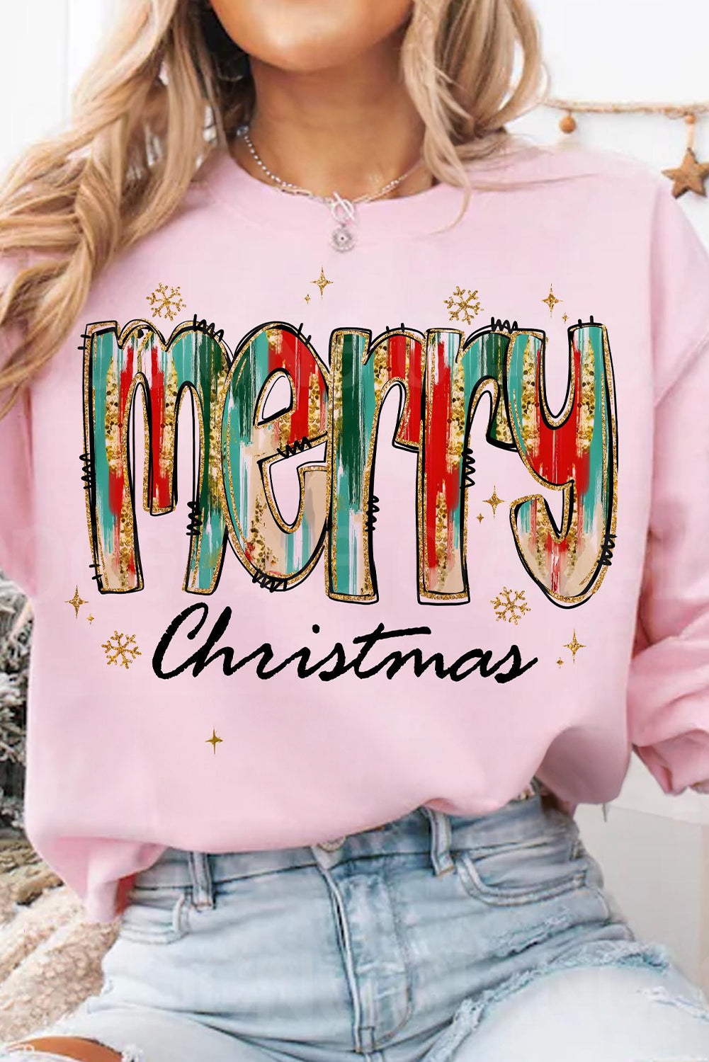 Pink Brushwork Merry Christmas Print Drop Shoulder Sweatshirt Graphic Sweatshirts JT's Designer Fashion