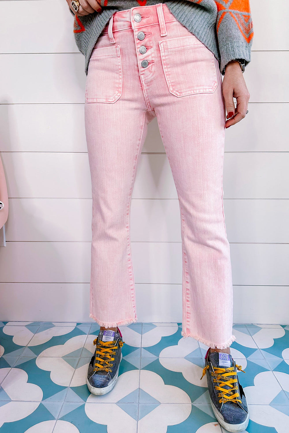 Apricot Pink Multi Buttons Raw Edge Crop Jeans Bottoms JT's Designer Fashion