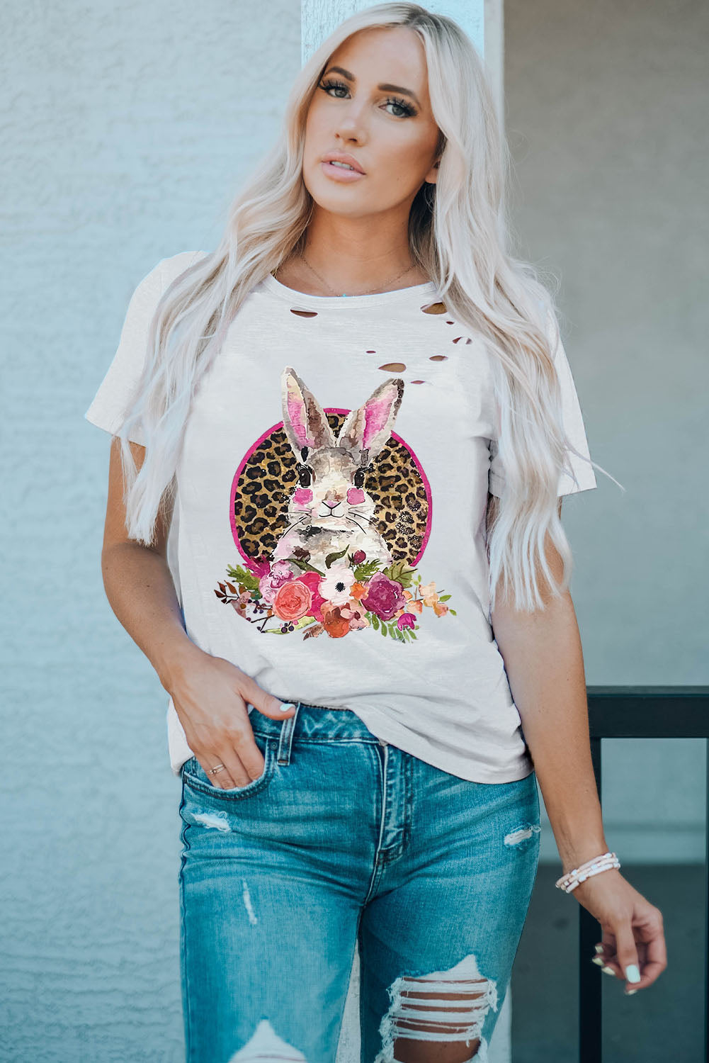 White Easter Bunny Floral Leopard Graphic Distressed T Shirt Graphic Tees JT's Designer Fashion