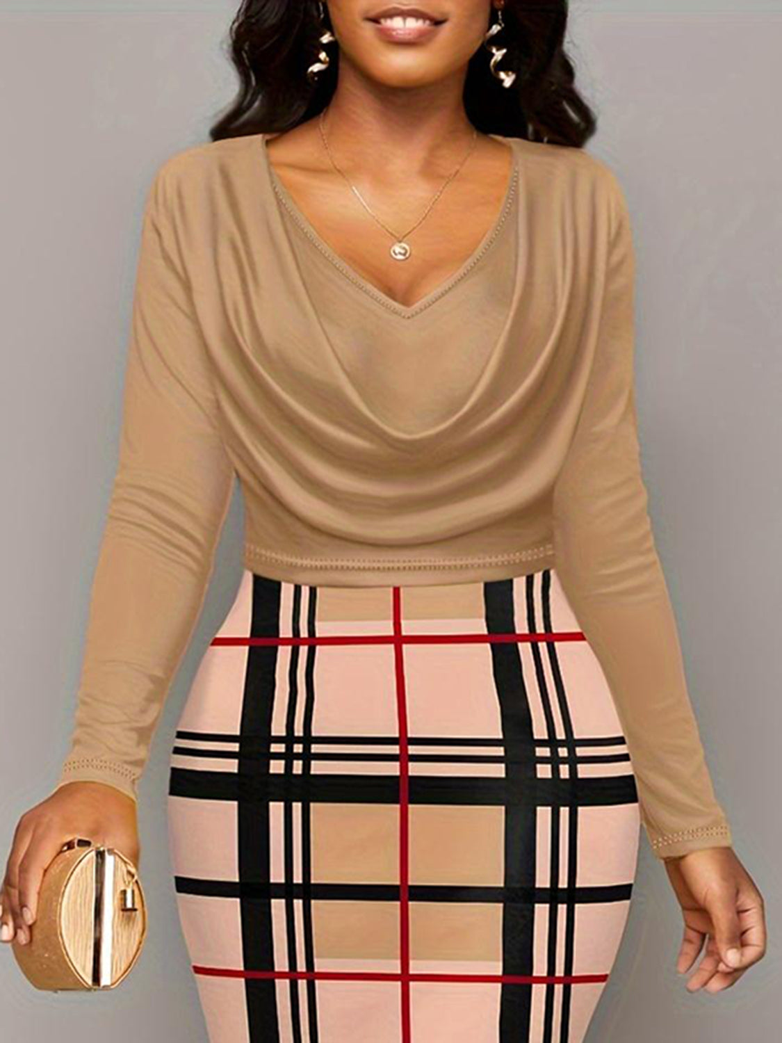 Plus Size Plaid Long Sleeve Mini Dress Bodycon Dresses JT's Designer Fashion