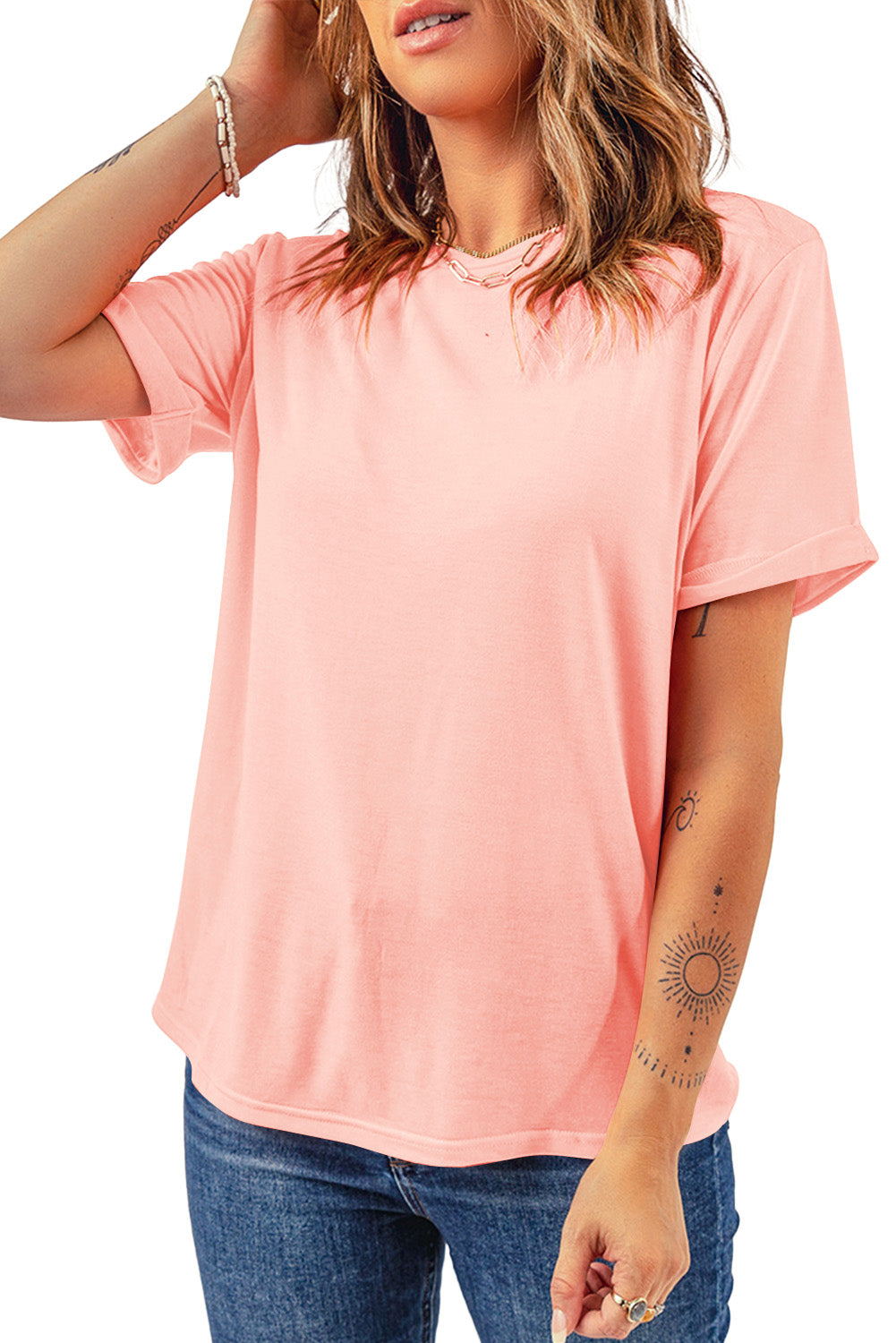 Pink Casual Plain Crew Neck Tee Tops & Tees JT's Designer Fashion