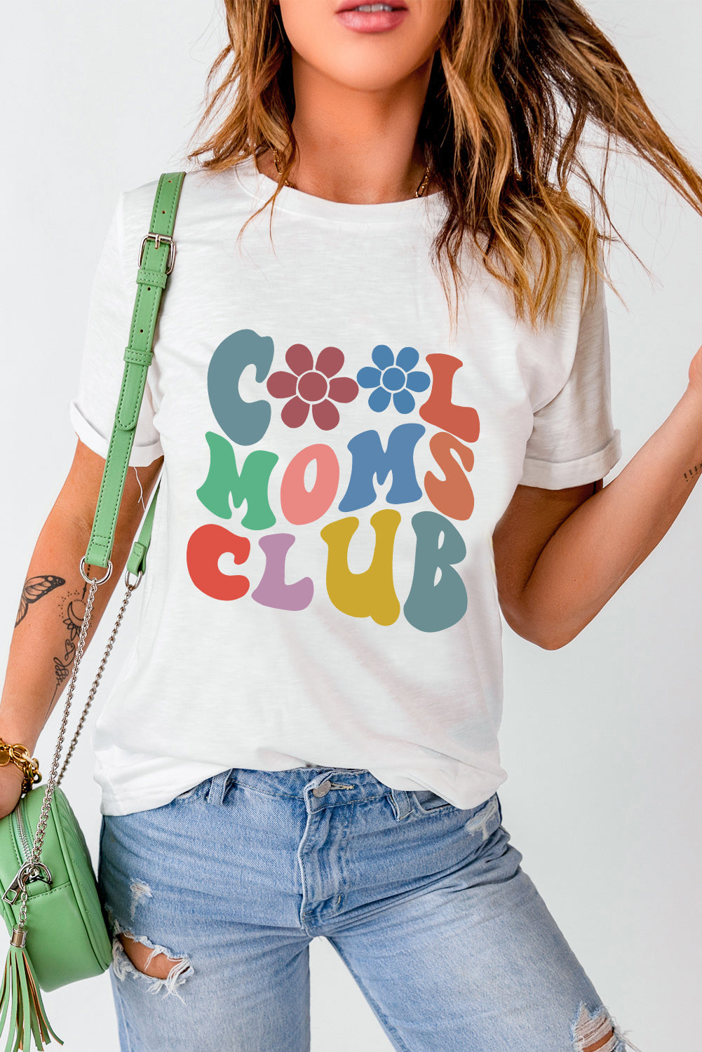 White COOL MOMS CLUB Flower Print Crew Neck T Shirt Graphic Tees JT's Designer Fashion