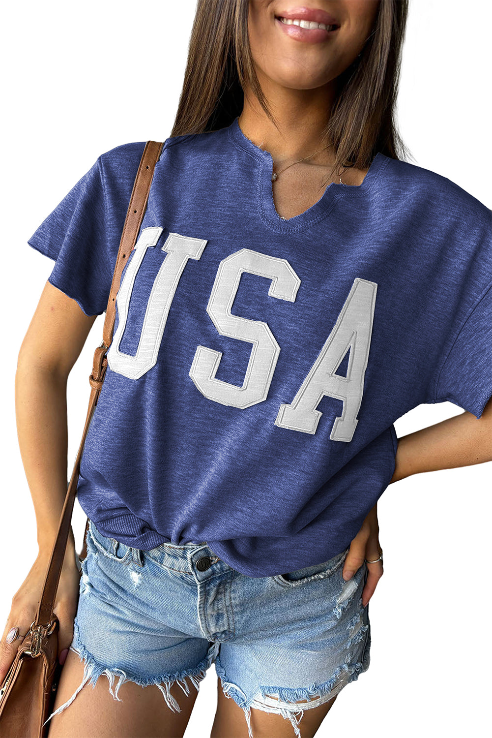 Dark Blue USA Lettering Patch Notched Neck Loose Tee Tops & Tees JT's Designer Fashion