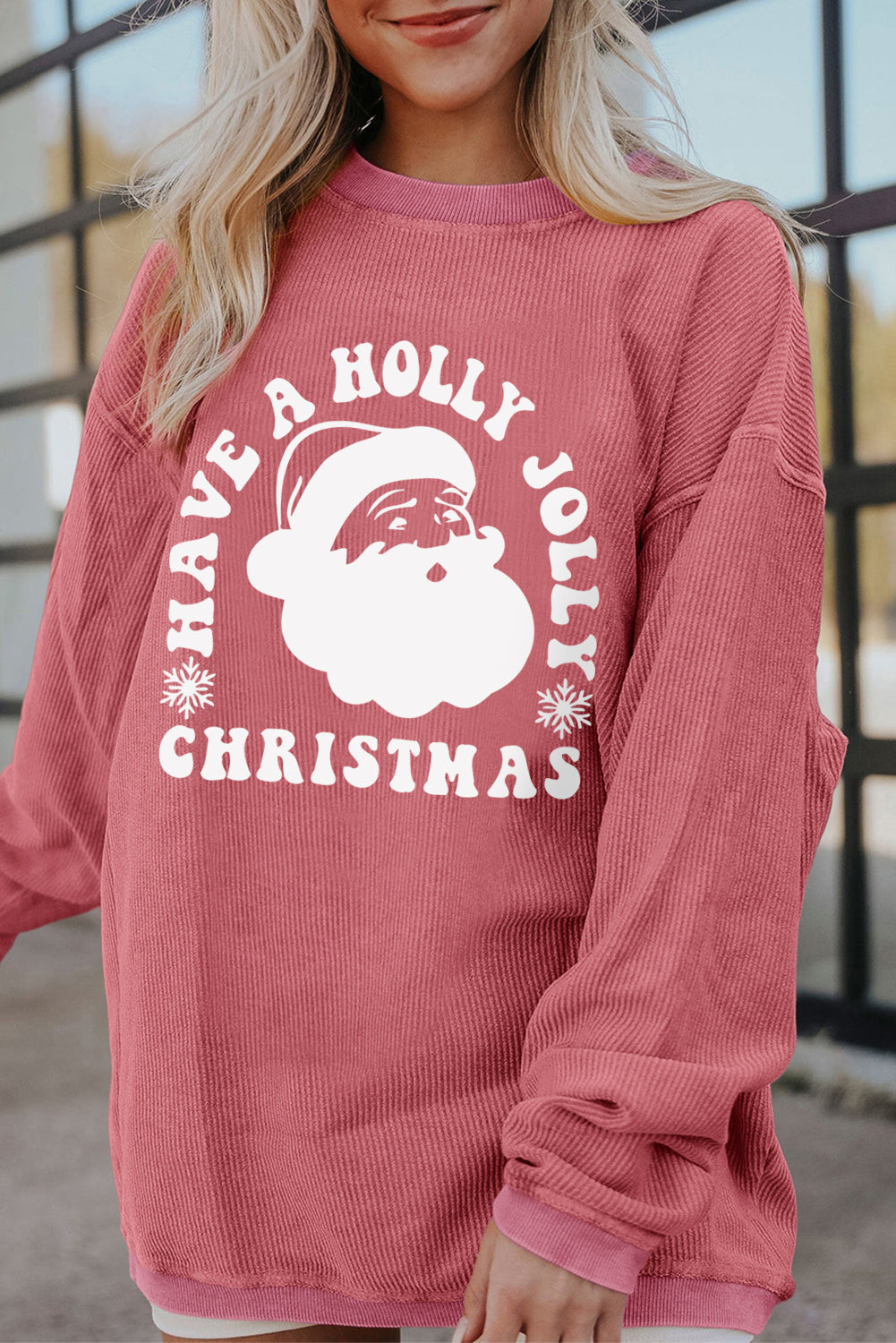 Strawberry Pink HAVE A HOLLY JOLLY CHRISTMAS Corded Sweatshirt Graphic Sweatshirts JT's Designer Fashion