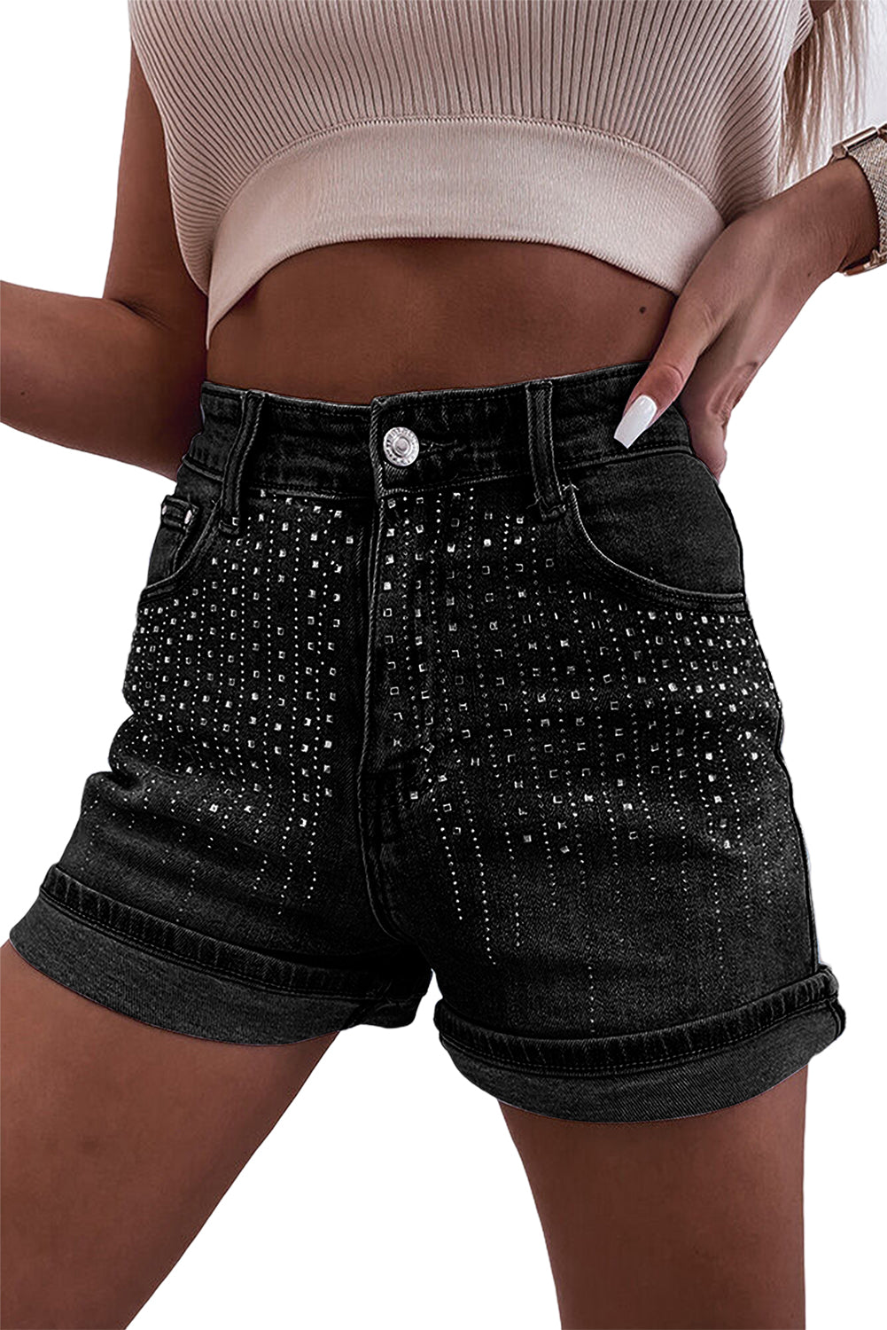 Black Rhinestone Embellished Denim Shorts Pre Order Bottoms JT's Designer Fashion