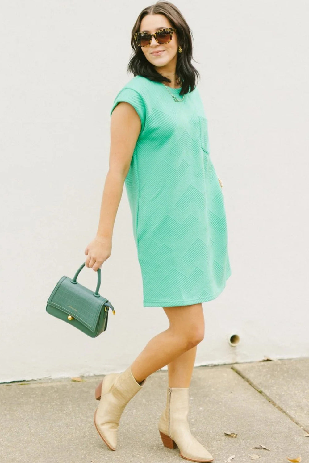 Mint Green Textured Cap Sleeve T Shirt Dress T Shirt Dresses JT's Designer Fashion