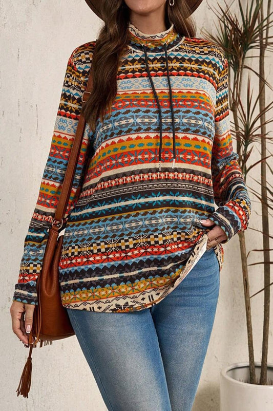 Plus Size Drawstring Printed Mock Neck Long Sleeve Top multicolor Long Sleeve Tops JT's Designer Fashion