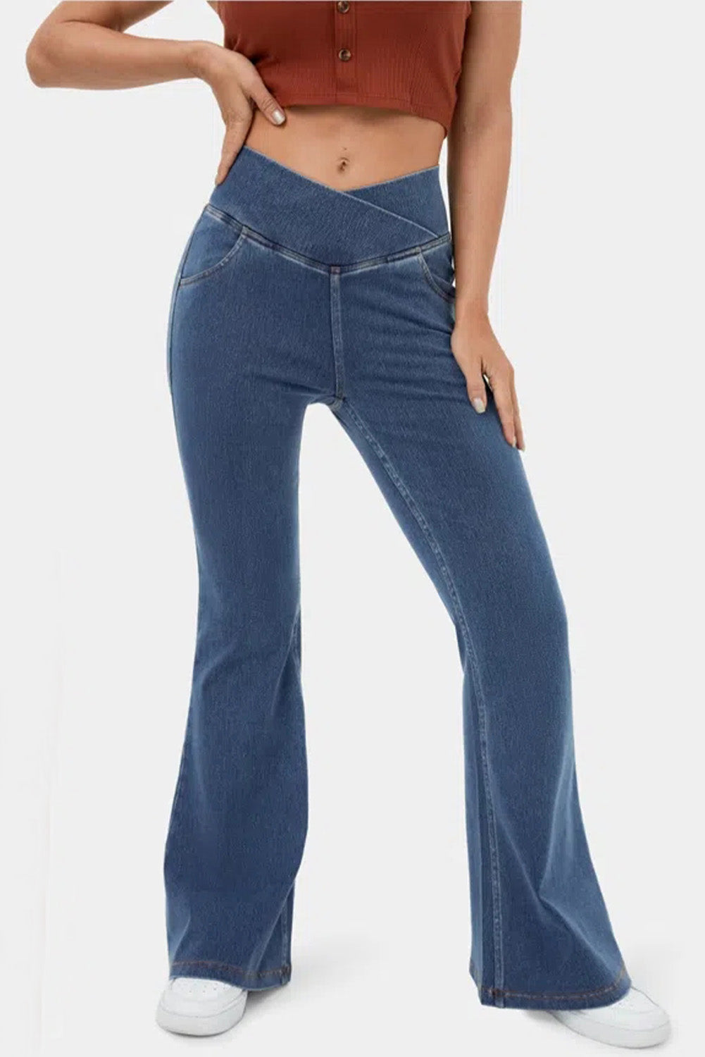 Sail Blue Crossover High Waisted Stretchy Flare Jeans Bottoms JT's Designer Fashion