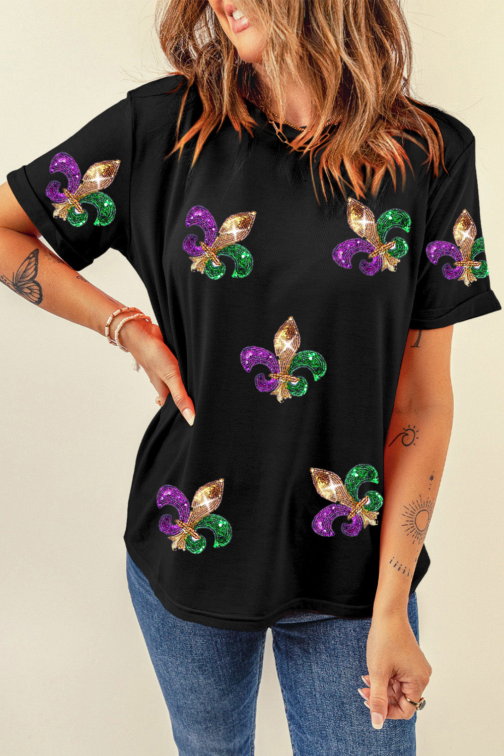 Black Mardi Gras Symbol Patched Crewneck T Shirt Graphic Tees JT's Designer Fashion