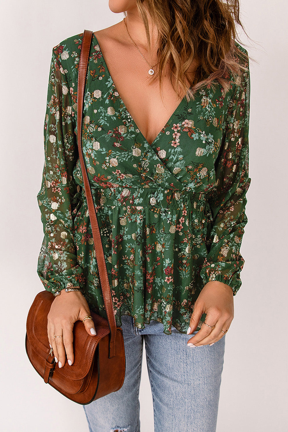 Green Floral Print Wrap V Neck Peplum Top Blouses & Shirts JT's Designer Fashion