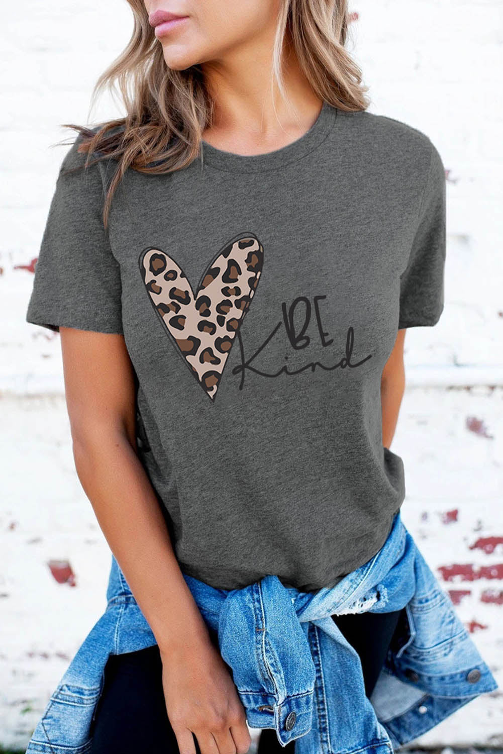 Gray Leopard Heart Be Kind Graphic Tee Graphic Tees JT's Designer Fashion