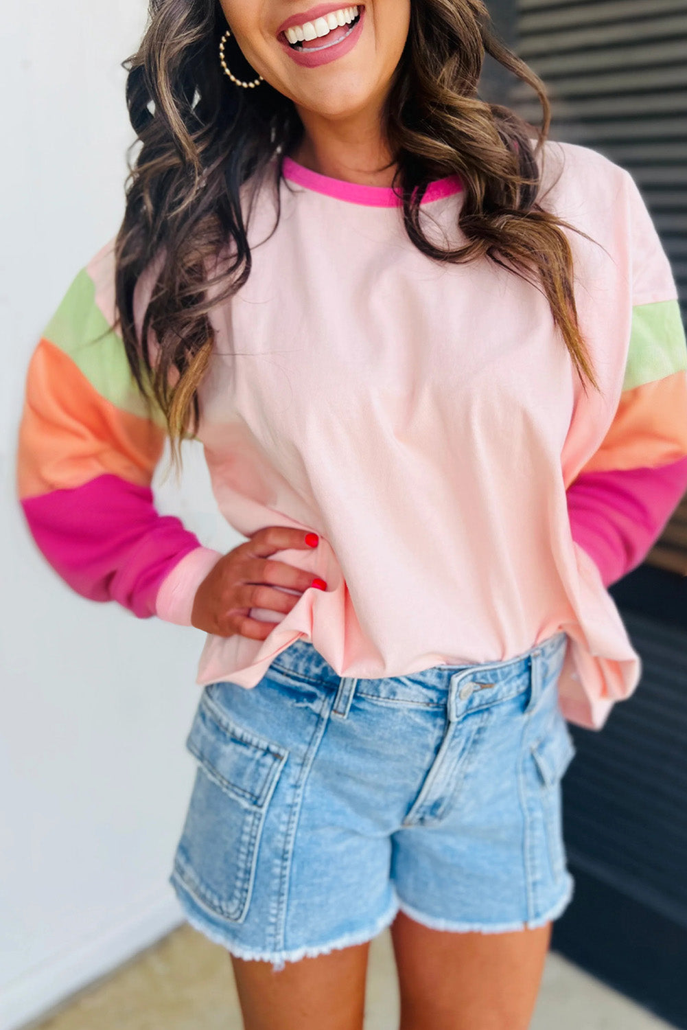 Pink Colorblock Patchwork Long Sleeve Loose Top Long Sleeve Tops JT's Designer Fashion