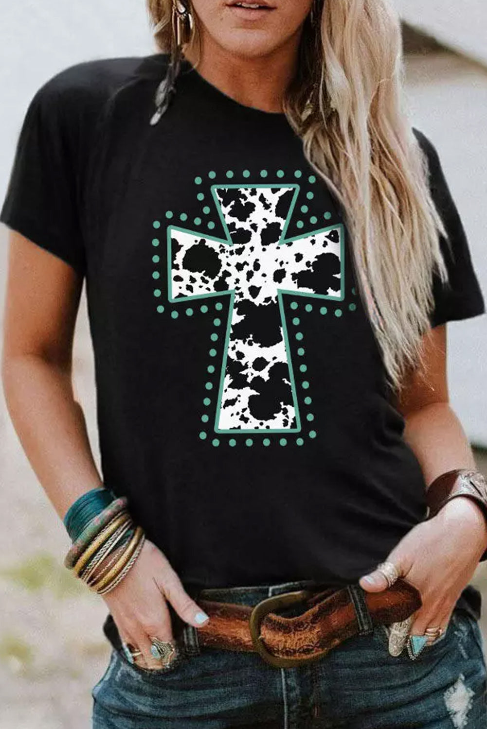 Black Animal Print Cross Graphic Tee Graphic Tees JT's Designer Fashion