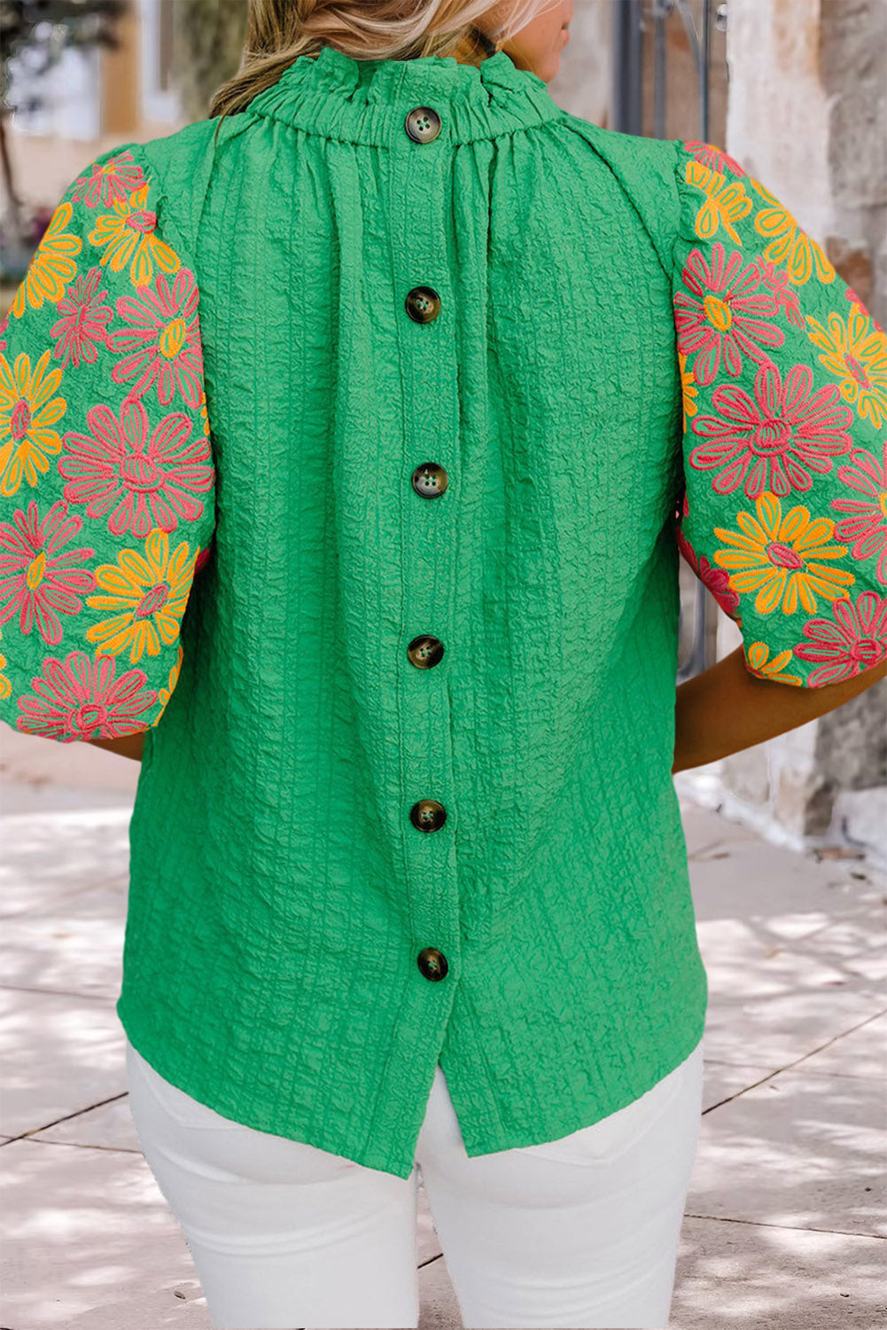 Bright Green Floral Puff Short Sleeve Ruffled Collar Button Back Top Blouses & Shirts JT's Designer Fashion