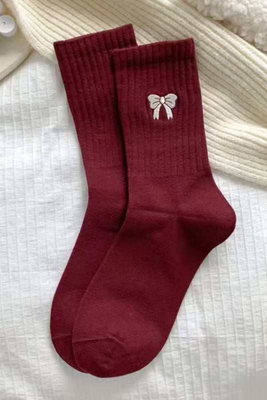 Fiery Red Embroidered Bowknot Ribbed Crew Socks Socks JT's Designer Fashion