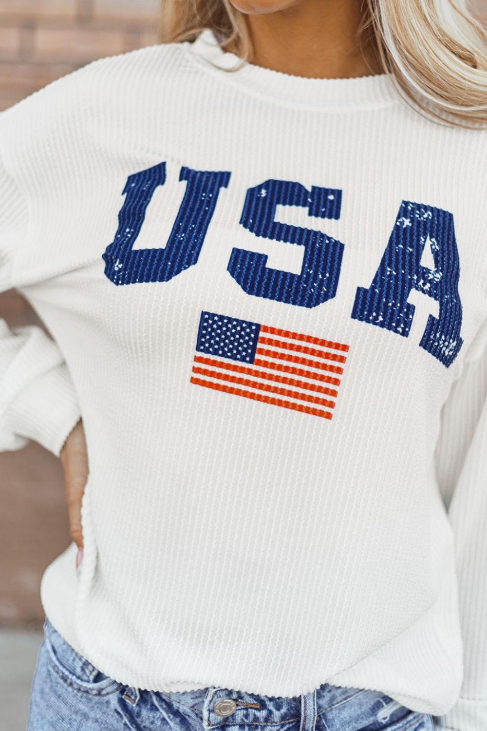 US Flag Corded Long Sleeve Sweatshirt Long Sleeve Tops JT's Designer Fashion