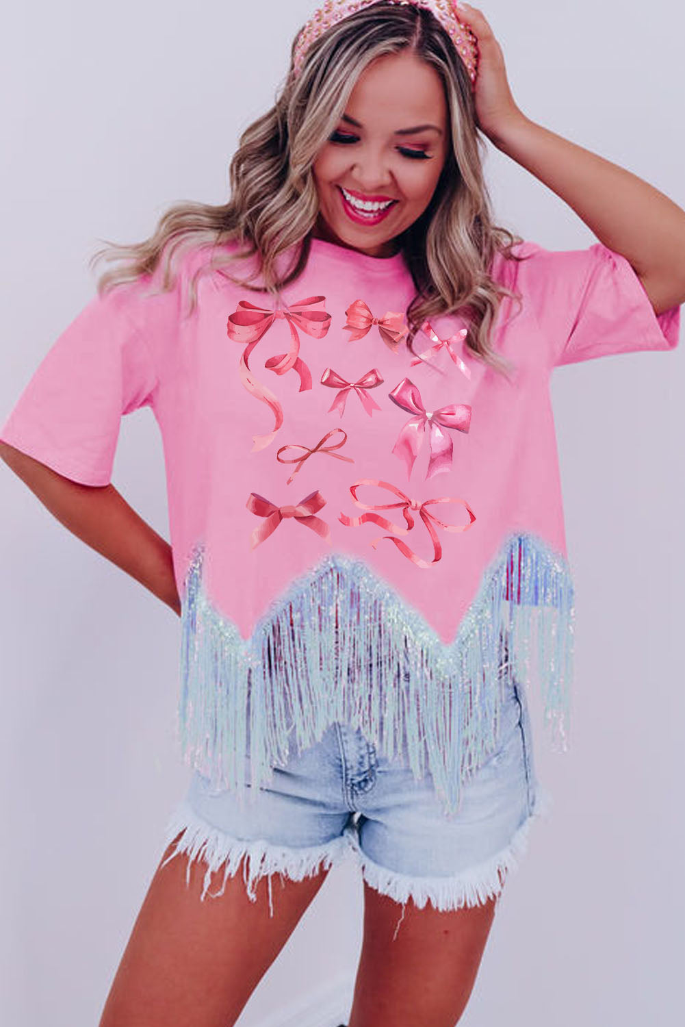 Pink Sweet Bowknot Graphic Fringed Hem T-shirt Graphic Tees JT's Designer Fashion