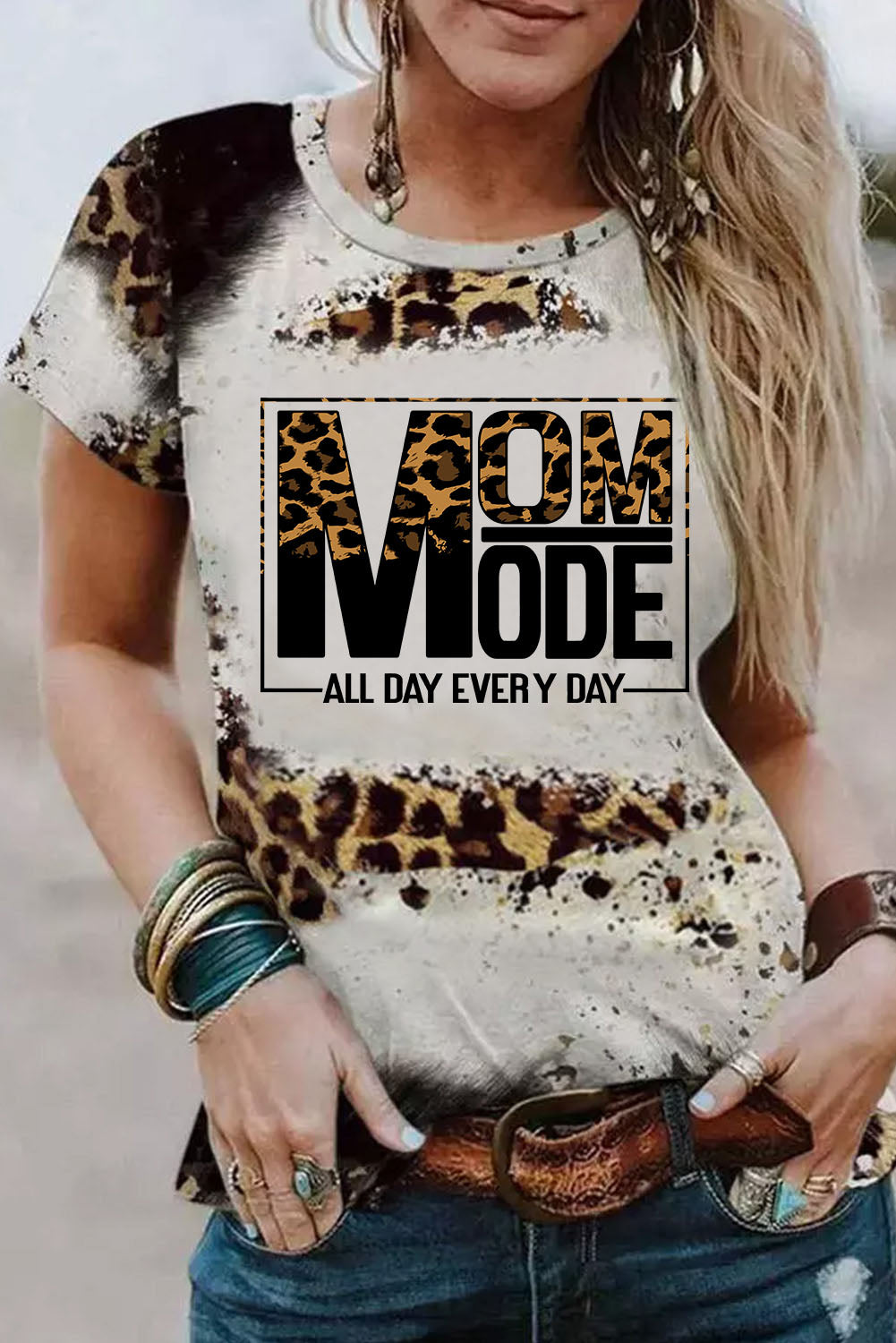 Leopard MOM MODE ALL DAY EVERY DAY Bleached T-shirt Leopard 95%Polyester+5%Elastane Graphic Tees JT's Designer Fashion