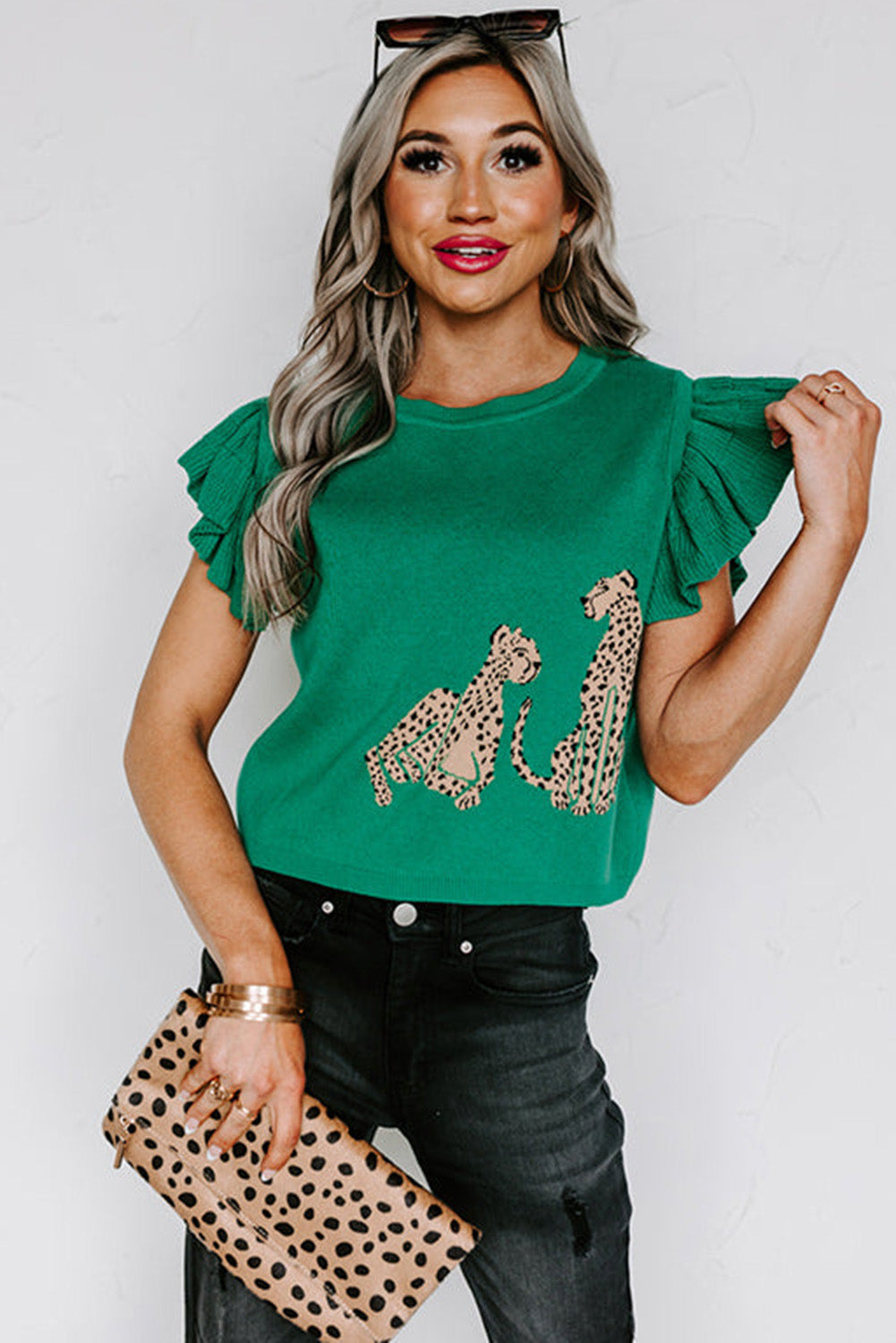 Green Leopard Ruffled Sleeve Round Neck Knit Sweater Sweaters & Cardigans JT's Designer Fashion