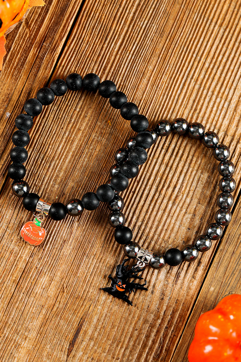 Black Halloween Pumpkin Ghost Pendant Beaded Layered Bracelet Set Jewelry JT's Designer Fashion