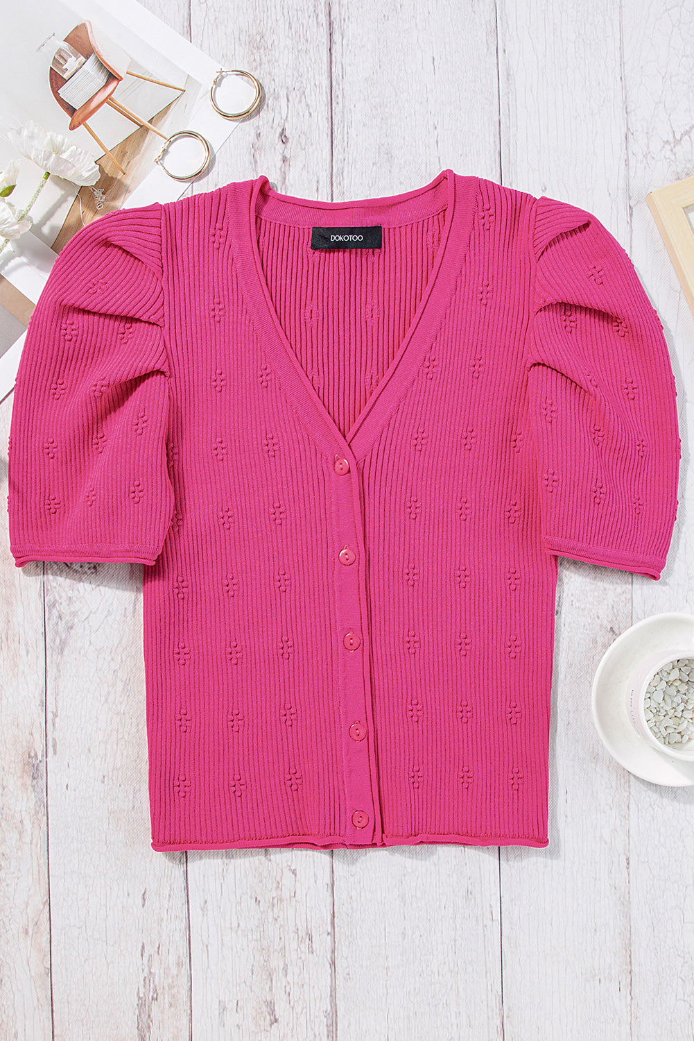 Rose Red Flower Ribbed Texture Button V Neck Bubble Sleeve Top Pre Order Sweaters & Cardigans JT's Designer Fashion