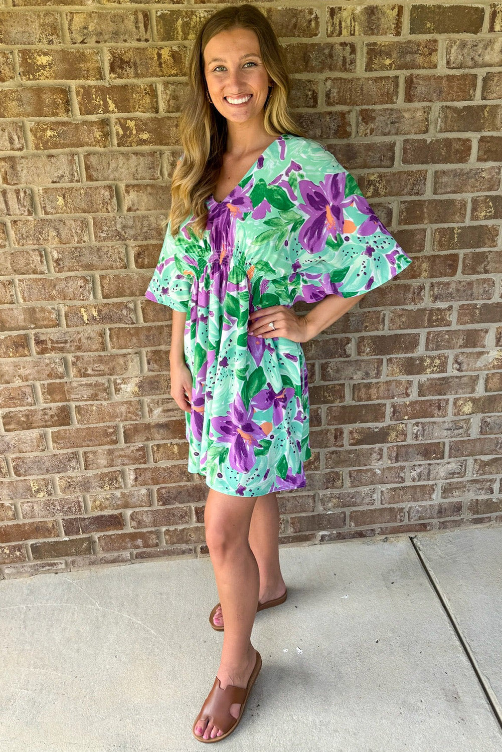 Green Boho Floral Half Sleeve V Neck Shirred Waist Mini Dress Floral Dresses JT's Designer Fashion