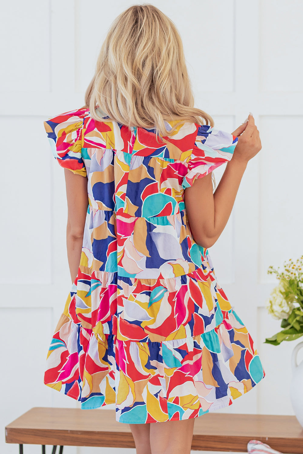 Pink Abstract Printed Ruffled Flutter Sleeve Tiered Mini Dress Mini Dresses JT's Designer Fashion