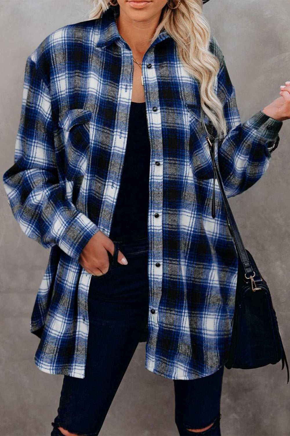 Full Size Plaid Collared Neck Long Sleeve Shirt Royal Blue Long Sleeve Tops JT's Designer Fashion