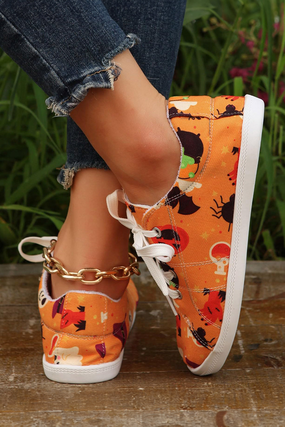 Orange Halloween Pumpkin Ghost Print Lace-up Flat Shoes Women's Shoes JT's Designer Fashion