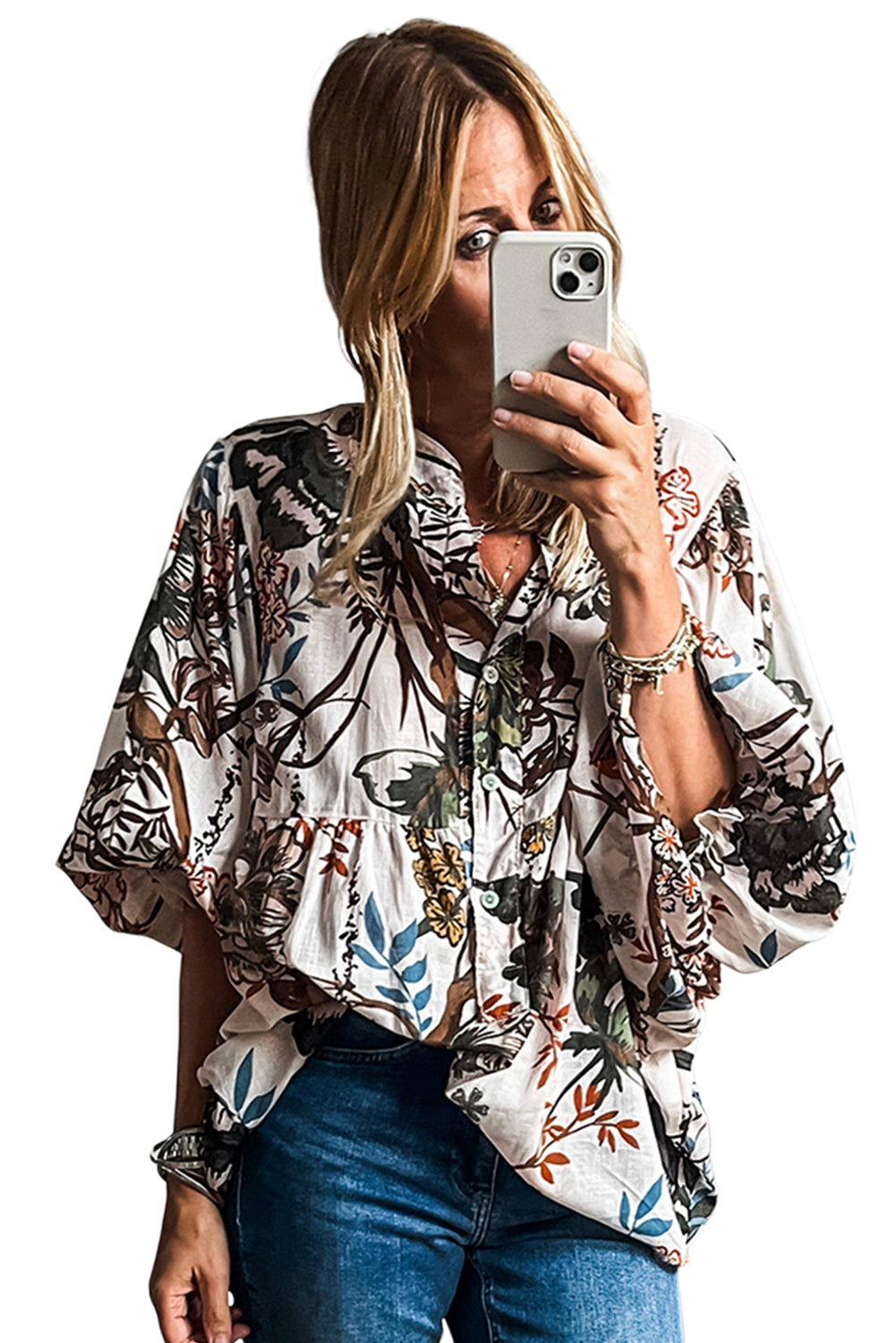 White Floral Print Balloon Sleeves Button Up Loose Casual Shirt Blouses & Shirts JT's Designer Fashion