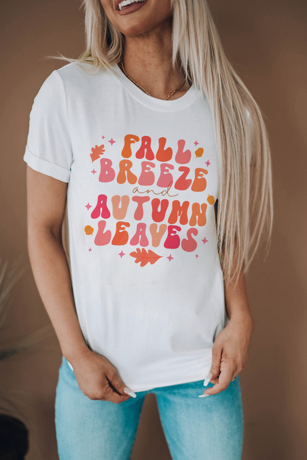 White FALL BREEZE and AUTUMN LEAVES Graphic Tee Graphic Tees JT's Designer Fashion