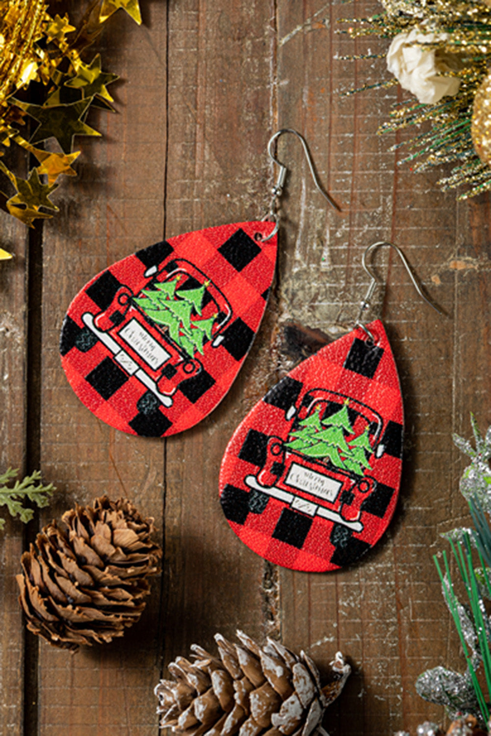 Christmas Pattern Print PU Drop Earrings Jewelry JT's Designer Fashion