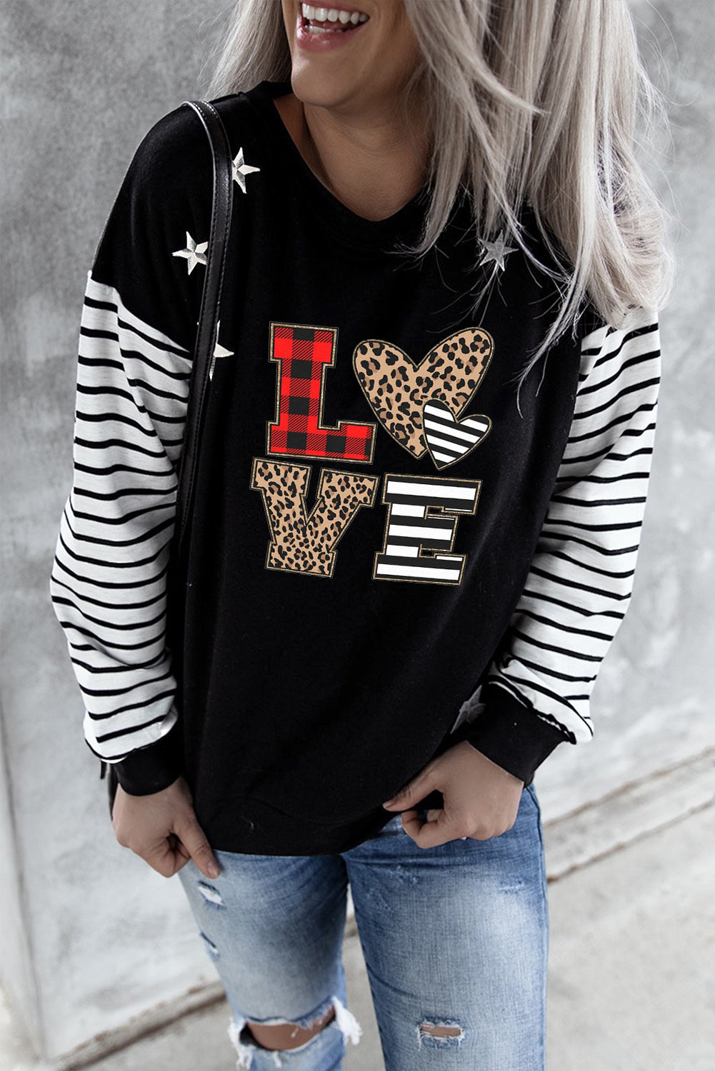 Valentine LOVE Star Striped Print Sweatshirt Graphic Sweatshirts JT's Designer Fashion