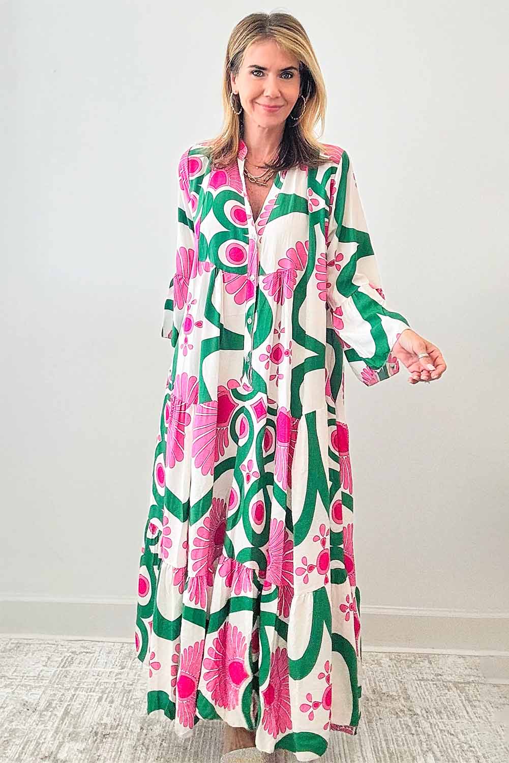 Pink Boho Floral Printed Long Sleeve Buttoned Loose Maxi Dress Maxi Dresses JT's Designer Fashion