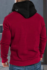 Fiery Red Letter Heart Print Color Block Pocketed Men's Hoodie Men's Tops JT's Designer Fashion