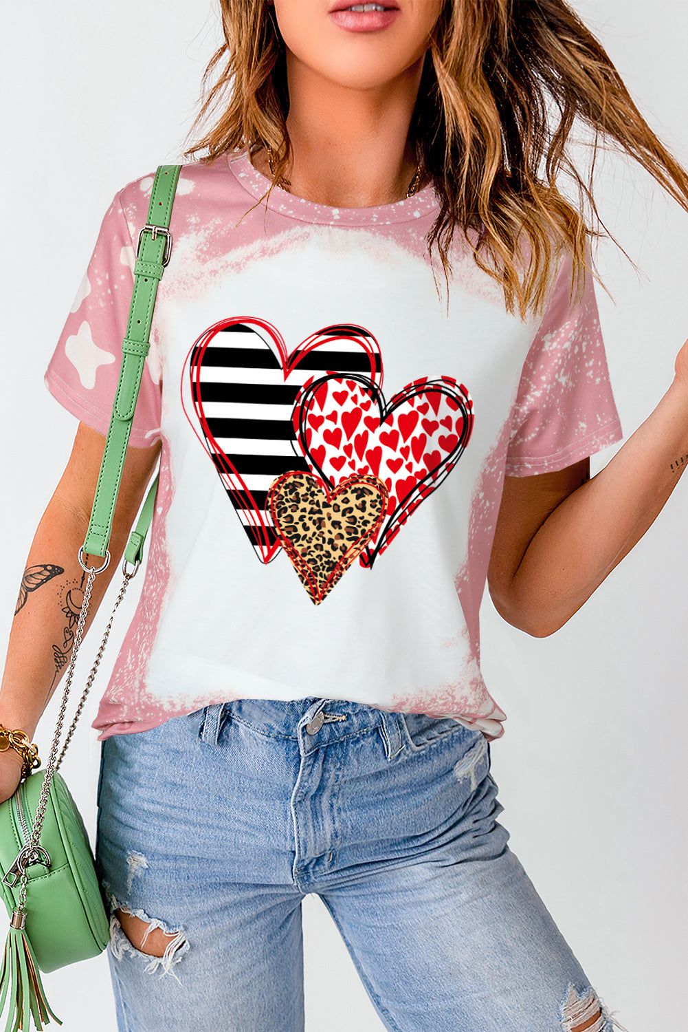 Pink Bleached Tie-dye Print Heart Shape Graphic Tee Graphic Tees JT's Designer Fashion