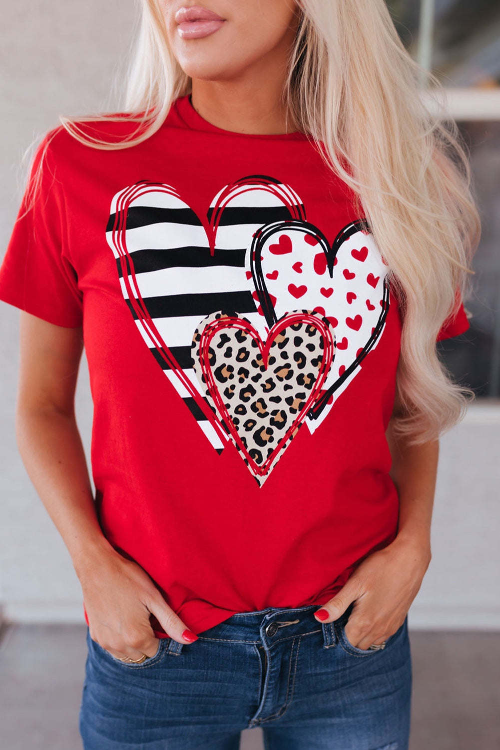 Red Leopard Striped Heart Shaped Print Crew Neck T Shirt Graphic Tees JT's Designer Fashion