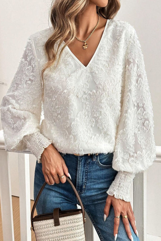 V-Neck Lantern Sleeve Blouse White Long Sleeve Tops JT's Designer Fashion