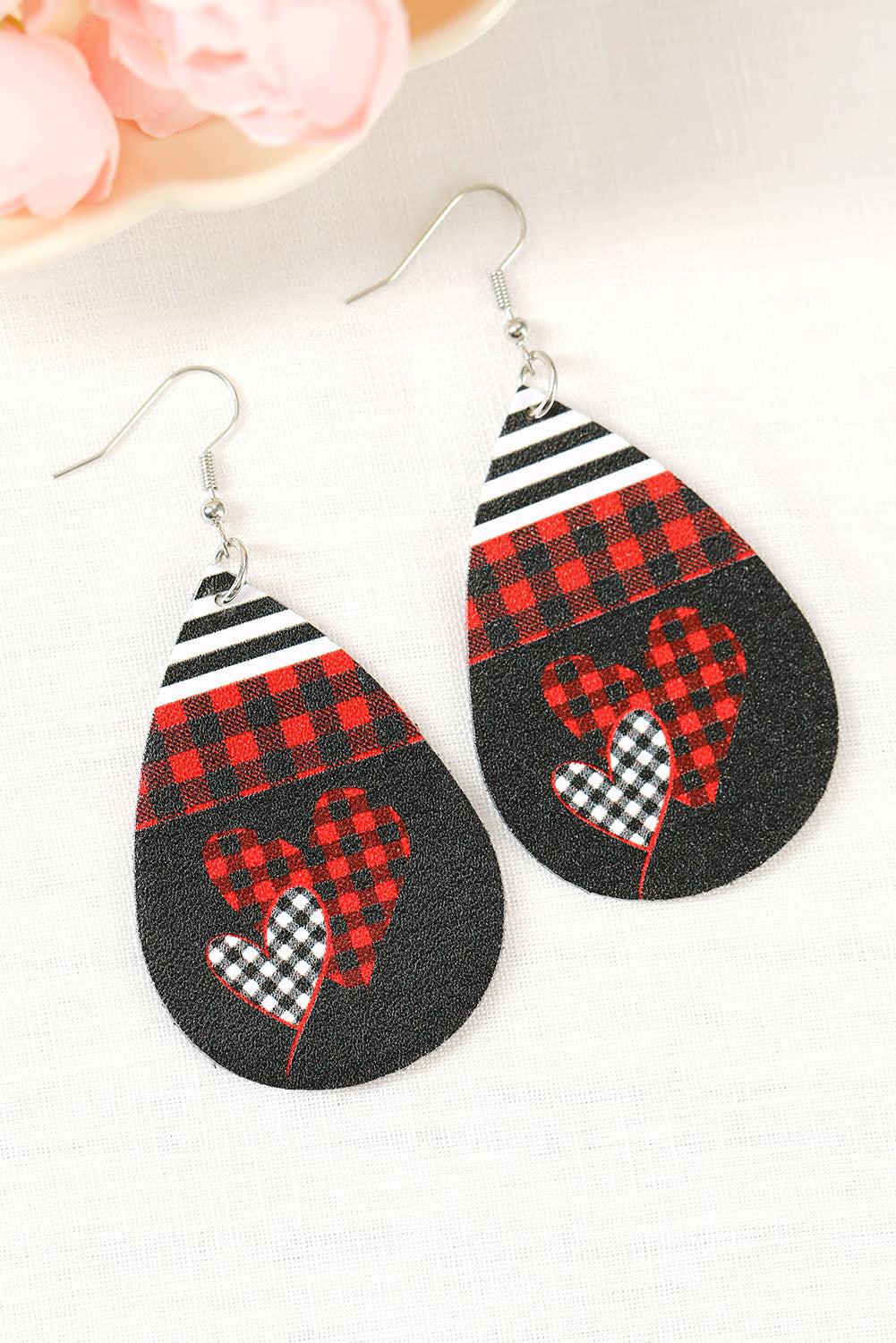 Black Valentine's Day Buffalo Plaid Heart Teardrop Glitter Earrings Jewelry JT's Designer Fashion