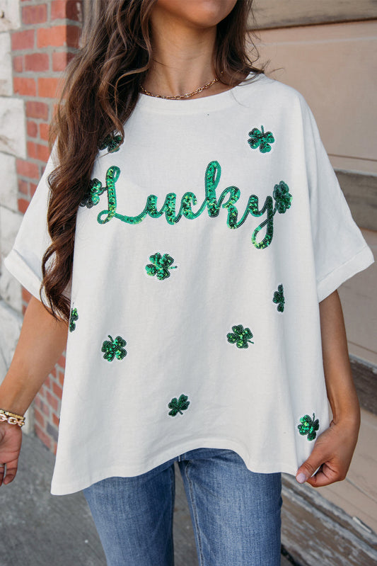 White St Patrick Lucky Clover Sequin Graphic T Shirt Graphic Tees JT's Designer Fashion