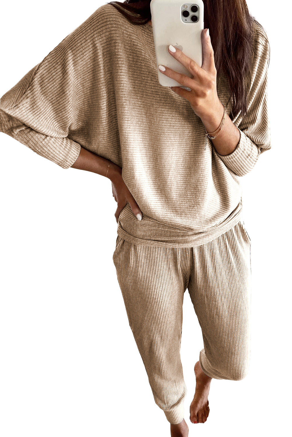 Parchment Ribbed Dolman Sleeve Top and Pocketed Pants Set Loungewear JT's Designer Fashion