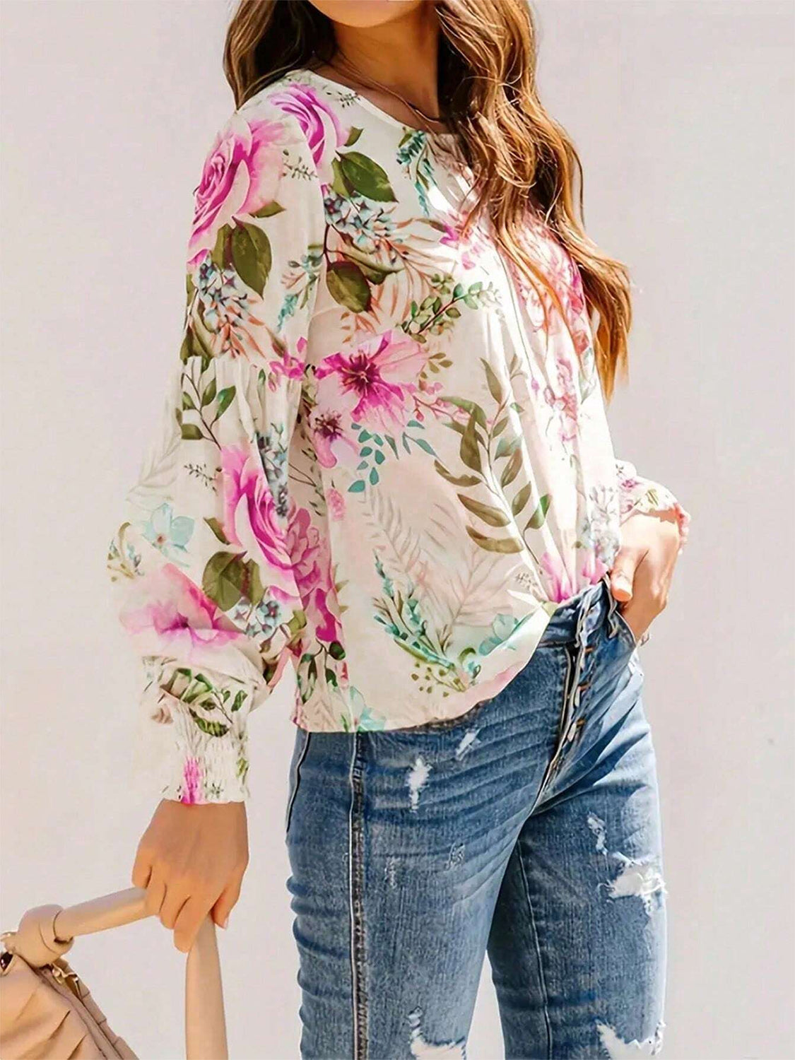 Printed Round Neck Lantern Sleeve Blouse Long Sleeve Tops JT's Designer Fashion