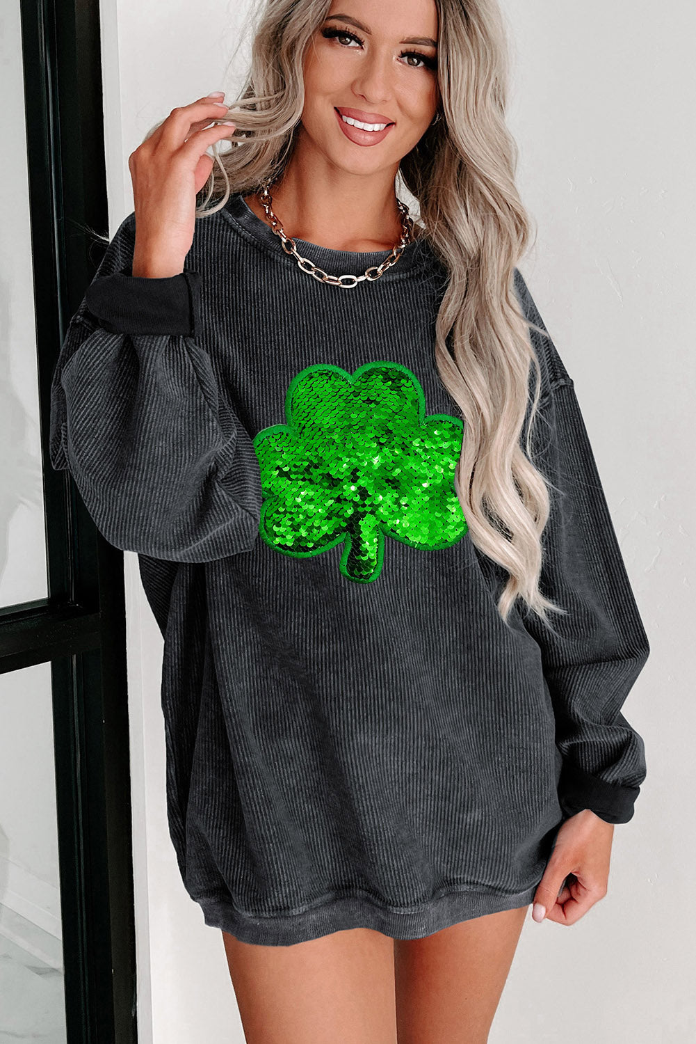 Black Sequin Embroidered Clover Corded Sweatshirt Graphic Sweatshirts JT's Designer Fashion