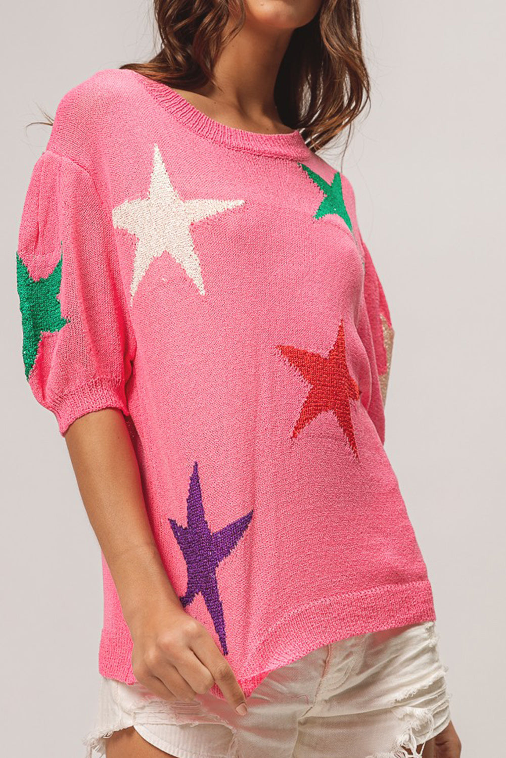 Pink Big Star Accent Dropped Puff Sleeve Knitwear Top Pre Order Sweaters & Cardigans JT's Designer Fashion