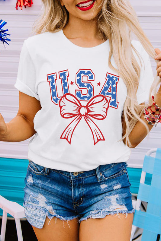 White USA Bow Letter Graphic Short Sleeve Top Graphic Tees JT's Designer Fashion