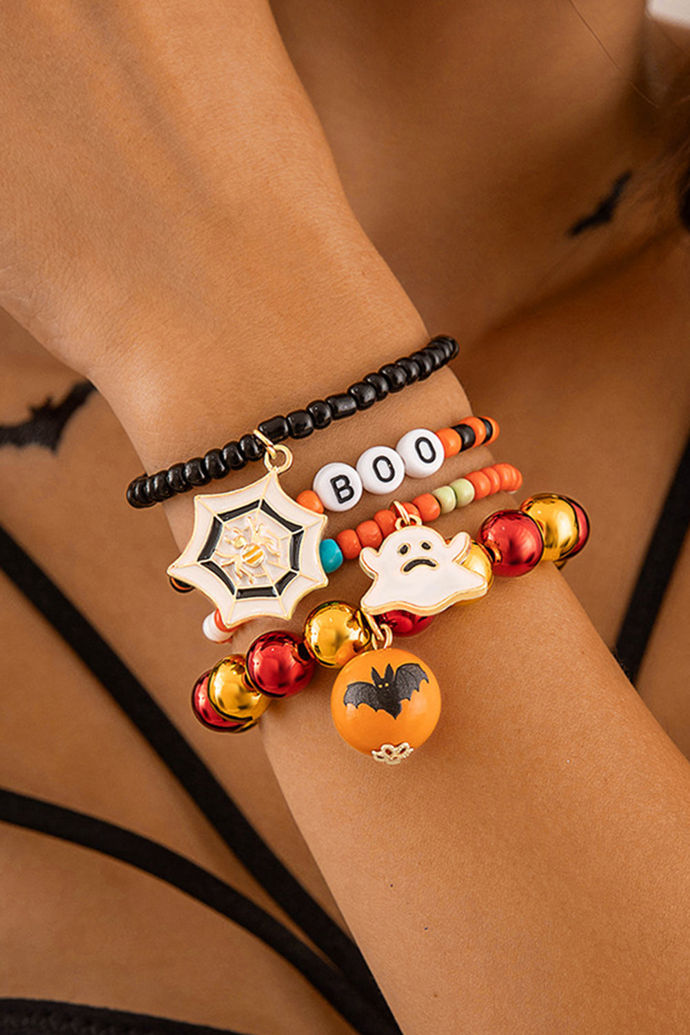 Orange 4pcs Halloween Ghost Spider Web Beaded Bracelet Set Jewelry JT's Designer Fashion